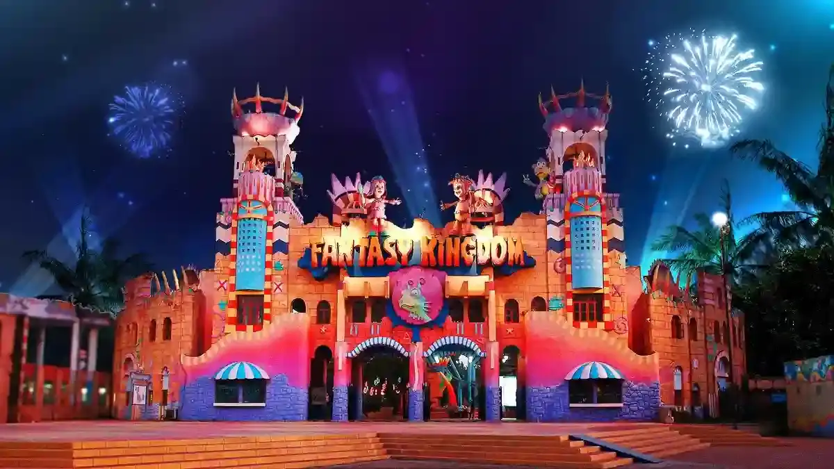 The Fantasy Kingdom castle lit up with fireworks
